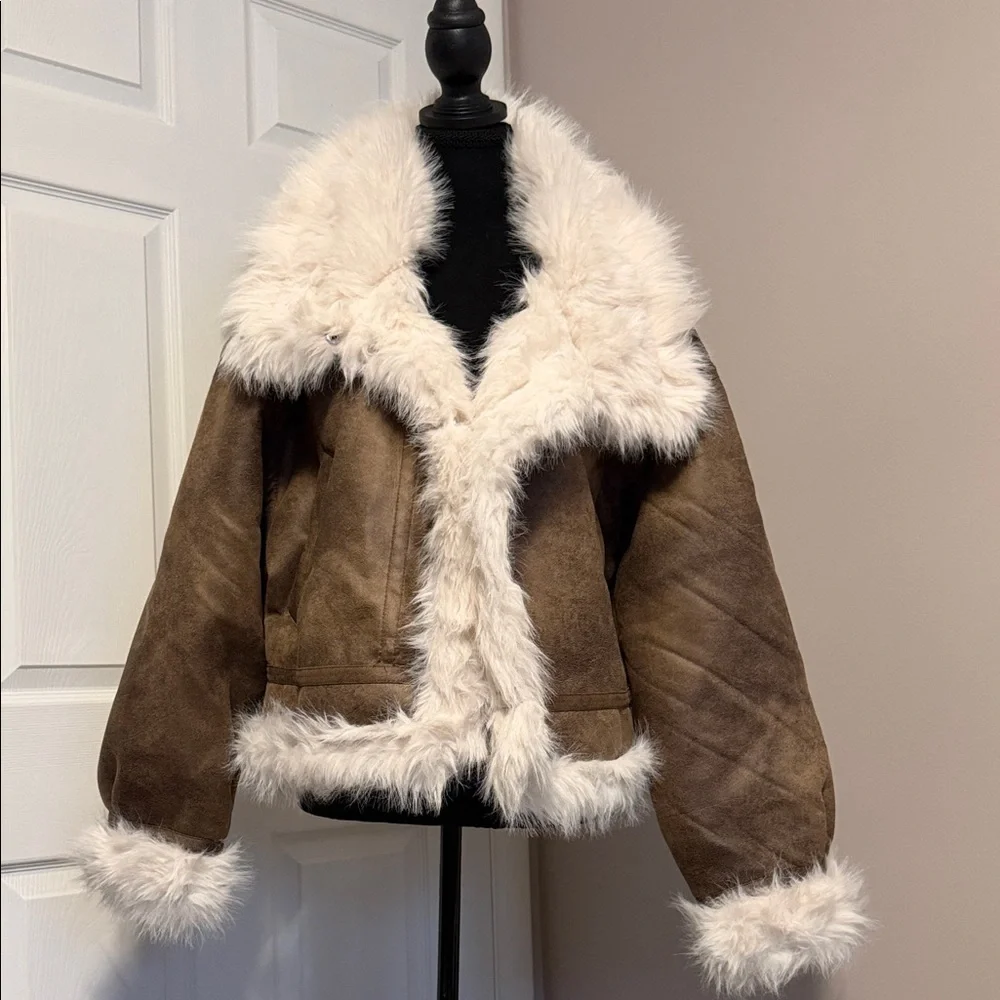 Women's Brown and White Faux Fur Jacket - Picture 3 of 6